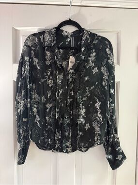 Anthropologie Sheer Black Floral Ruffle Blouse